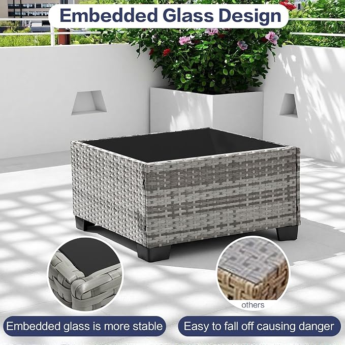 7-Piece Outdoor Patio Furniture Set, Gray PE Rattan Sectional Sofa with Dark Khaki Cushions and Steel Frame, Coffee Table Included, Modular Outdoor Conversation Set for Patio Garden Poolside