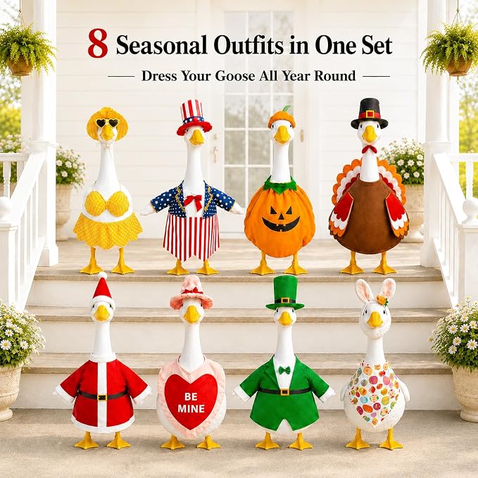 8 Set 23 Inch Porch Goose Outfits, Holiday Goose Clothes | All Seasons Bundle for Valentine St. Patrick Easter Summer 4th of July Fall Halloween Christmas, front porch yard patio decor