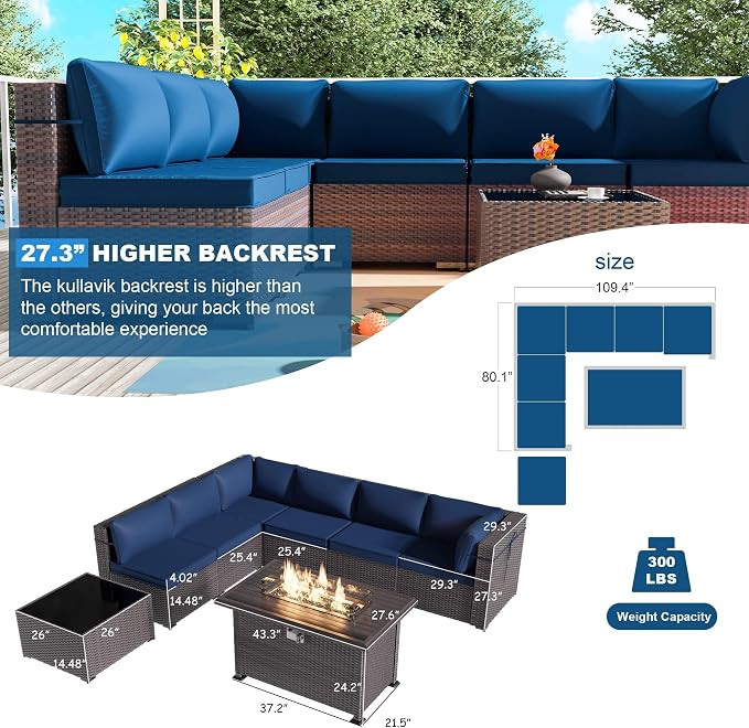 Kullavik 8 Pieces Outdoor Patio Furniture Set,Sectional Sofa Set with 43" 55000 BTU Gas Propane Fire Pit Table,Brown PE Rattan Wicker Patio Conversation Set,Navy Blue