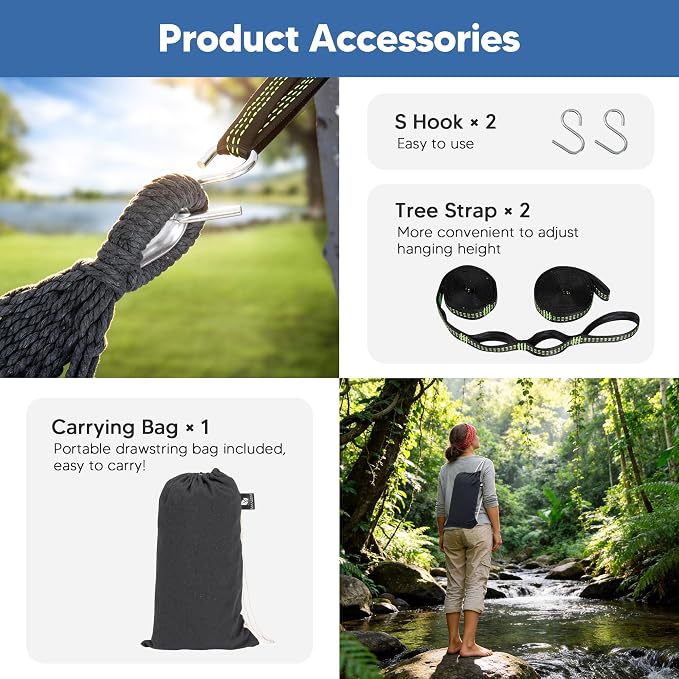 SUNCREAT Hammocks Outdoor Camping Double Hammock with Spreader Bar, Carrying Bag, Portable Tree Hammock for Outside, Dark Gray
