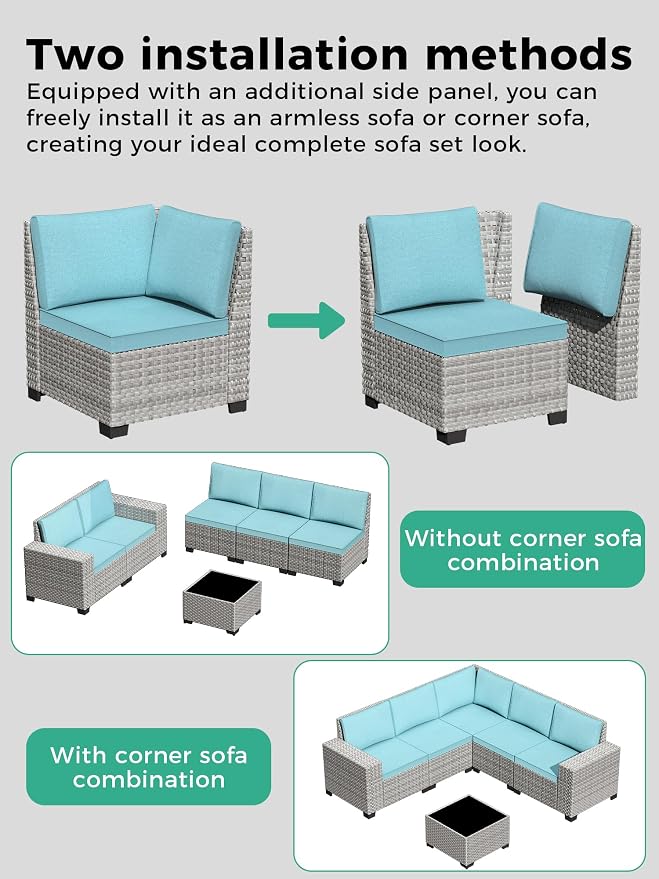 9 Piece Outdoor Patio Furniture Set with Swivel Chairs, 7-Seats Wicker Sectional Sofa Set with Thickened Cushions & Coffee Table for Garden, Backyard, Porch, Turquoise