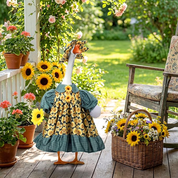 Soulchen 1 Set Sunflower Porch Goose Outfit 23 Inch Summer Sunflower Cement Goose Clothes Dress and Hat Costume Set for Back to School Summer Lawn Garden Yard Decor