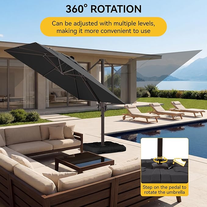 10x10FT Cantilever Outdoor Umbrella with Base, 360° Rotating Large Offset Square Patio Umbrella, Ideal for Garden Backyard Deck Courtyard, Black