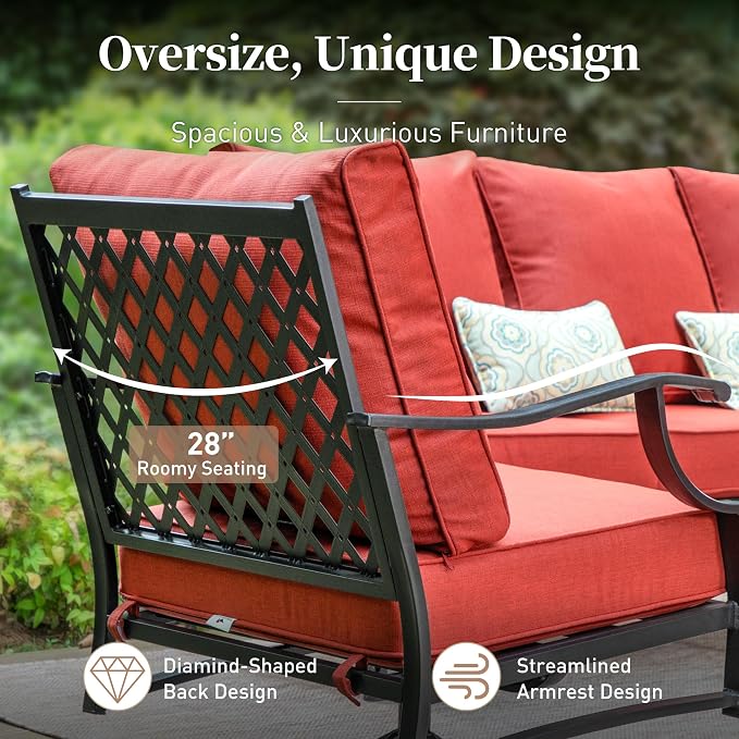 SUNSHINE VALLEY 5 Piece Metal Outdoor Patio Furniture Set with Fire Pit Table, Patio Conversation Sets 4 Rocking Chairs with 5.75" Thick Cushion and 5000 BTU Fire Pit Table, Backyard Furniture, Red