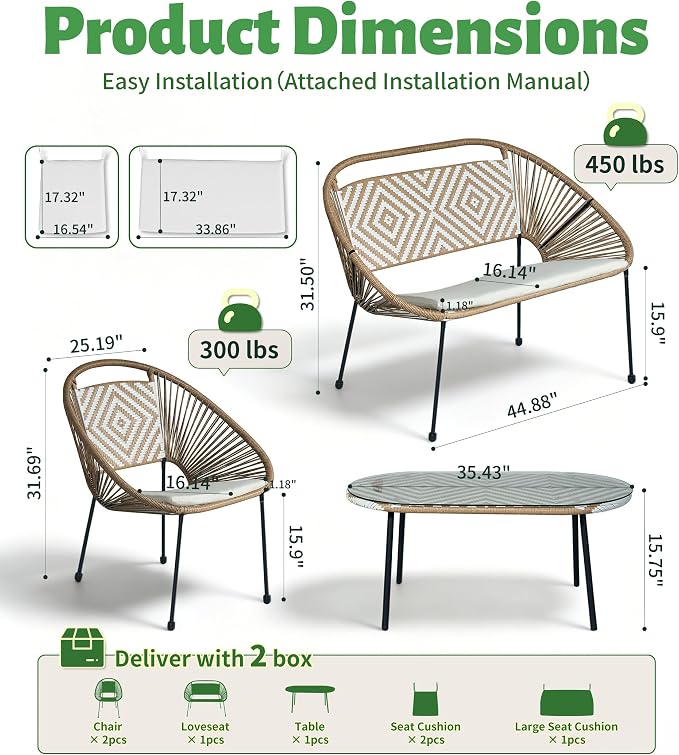 4-Piece Outdoor Patio Furniture Set, Wicker Sofa and Chairs with Cushions, PE Rattan All-Weather Conversation Set with Coffee Table for Backyard, Patio, Poolside, Garden, Deck, White