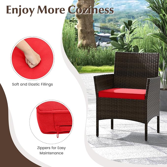 4 Piece Patio Furniture Set, Sectional Conversation Sofa Set with Glass Coffee Table, Cushions & Loveseat, Wicker Outdoor Table and Chairs for Pool, Garden, Deck, Backyard (1, Red)