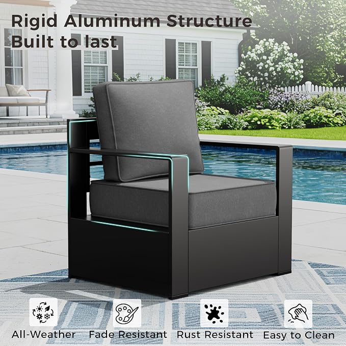 Outdoor Patio Furniture Set, 6-Piece Aluminum Patio Conversation Set All-Weather Metal Outdoor Sectional with 6 Inch Thick Cushions, Deep Setting for Garden, Outside and Porch, Grey