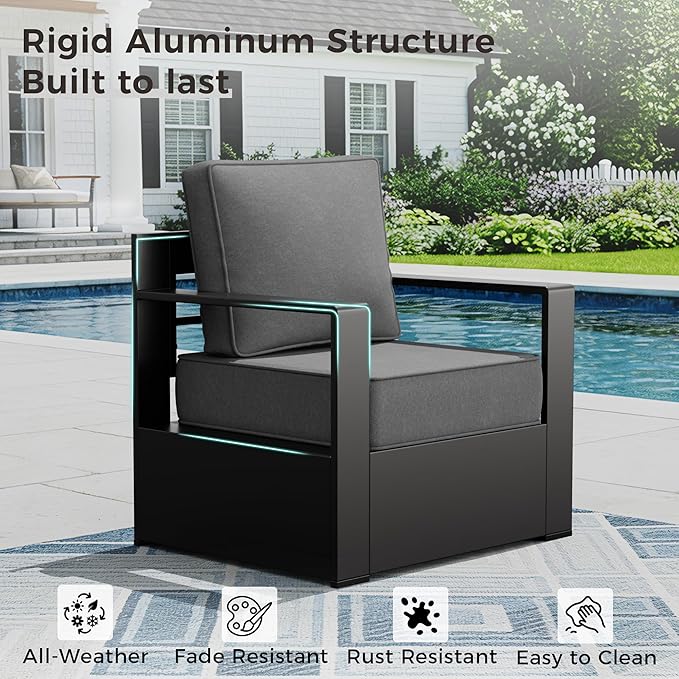 Outdoor Patio Furniture Set, 3-Piece Aluminum Patio Conversation Set All-Weather Metal Outdoor Sectional with 6 Inch Thick Cushions, Deep Setting for Garden, Outside and Porch, Grey