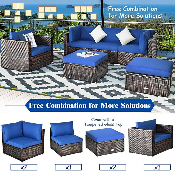 Tangkula 6 Pieces Wicker Patio Furniture Set, PE Rattan Outdoor Sectional Conversation Set with Glass Coffee Table & Ottoman, Wicker Sofa Set with Cushions for Yard Garden, Deck, Porch, Navy