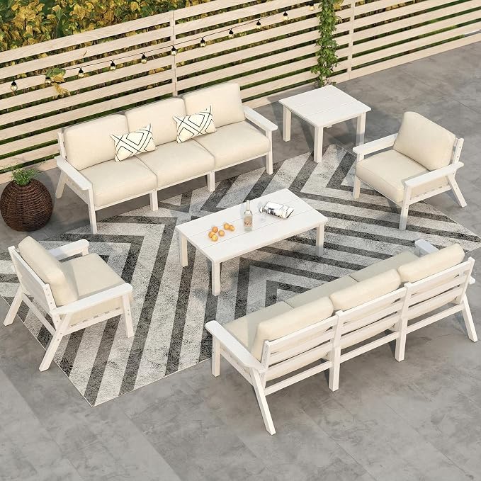 10 Piece Outdoor Patio Furniture Set, Outdoor Couch with Washable Thick Beige Cushions, Coffee Table & Side Table, Patio Conversation Sets for Lawn, Garden, Porch, Balcony (White Frame)
