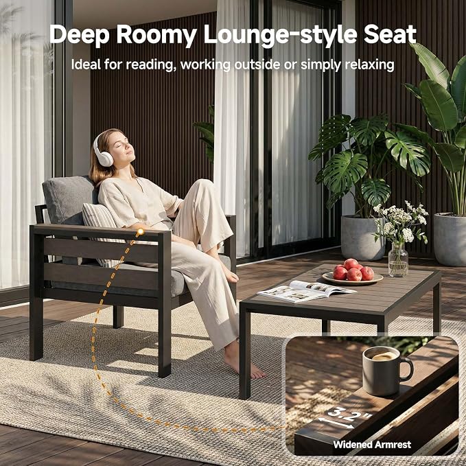 Outdoor Aluminum Patio Furniture Set, 4 Seat 4 Pieces Patio Conversation Sets with 28D Thick Washable Cushions and Coffee Table, Oversized Metal Sectional Sofa Set for Backyard Porch Deck Dalcony
