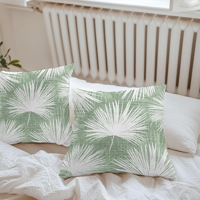 Throw Pillow Covers 18x18 Inch Set of 2, Sage Green Palm Leaves Coastal Waterproof Outdoor Pillow Covers, Summer Tropical Botanical Decorative Cushion Pillowcases for Couch, Sofa, Bed, Garden, Patio