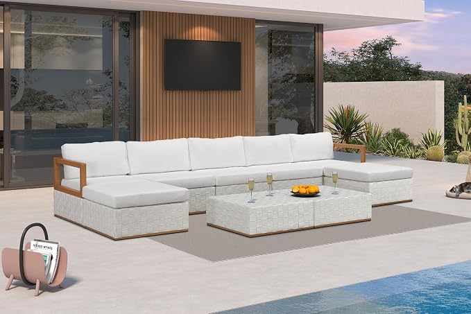 PURPLE LEAF Patio Outdoor Furniture Set 9 Pieces, Premium Leather Outdoor Couch Sectional Sofa, Patio Conversation Sets with Olefin Cushions, Patio Couch for Porch, Balcony, Garden, White
