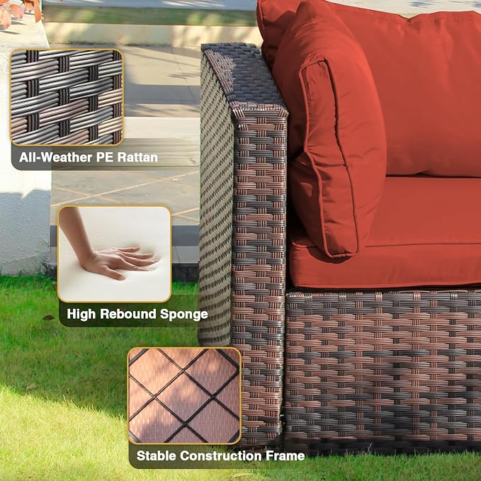 Patio Furniture Set 7 Pieces with 44" Fire Pit Table, Rattan Outdoor Sectional Conversation Sets, All Weather Outdoor Furniture Set with Cushions for Garden Lawn Balcony Porch Deck Red