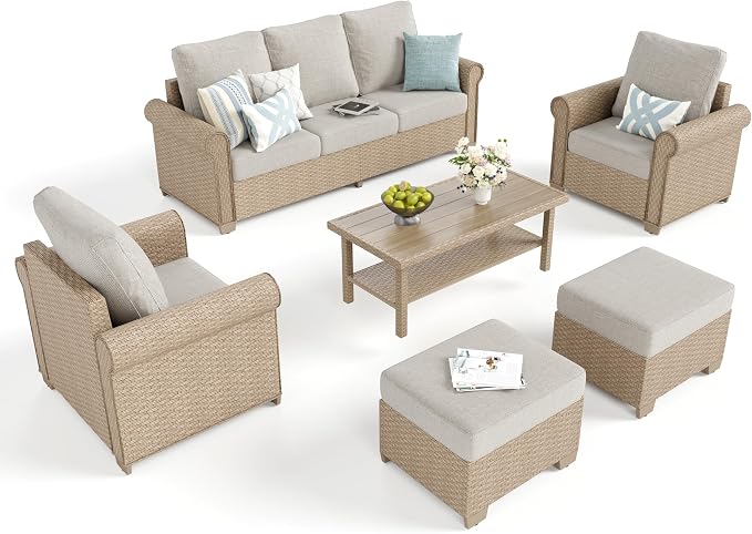 Patio Furniture Set 6 pcs, Wicker Rattan Sofa with 5.5” Thick Waterproof Cushions, 2 Chairs, 2 Ottomans and Coffee Table, All Weather Outdoor Conversation Set for Backyard Deck, 7 Seats Beige