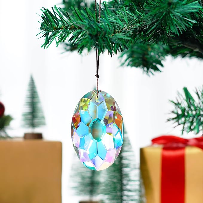 YU FENG 3.5 Inch Oval Crystal Prism Suncatcher, AB Rainbow Maker | AB Coating Faceted Glass Pendant, Colorful Light Catcher, Window Hanging Decor, Rainbow Reflections, Home Garden Ornament