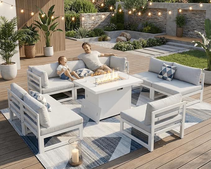 RADIATA 9 Piece Luxury Aluminum Outdoor Sectional Sofa with Fire Pit Table, Extra Large L Shaped Patio Furniture Set, 29 inch Deep Wide Seating, Comfortable Durable Conversation Set for 500 lbs, White