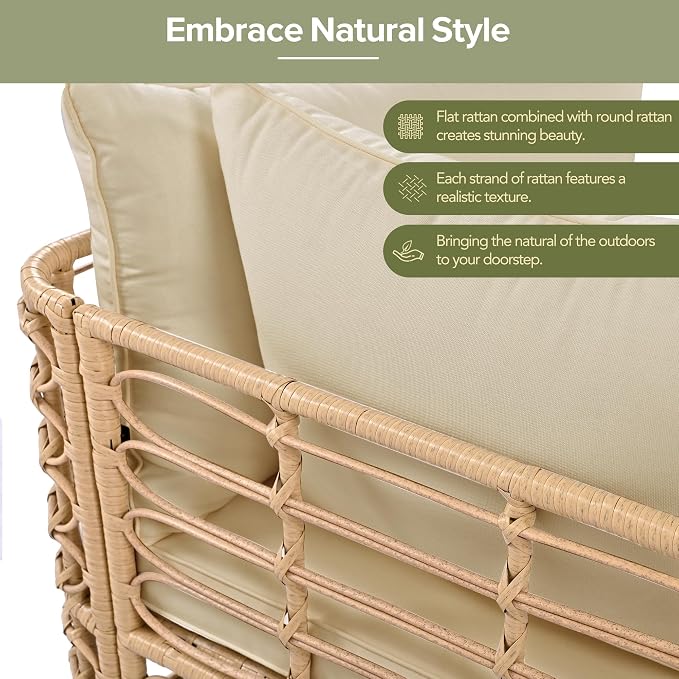 LUMISOL 7-Piece Rattan Patio Furniture Set, Boho Outdoor Conversation Set Sectional Sofa with Thick Cushions, Single Sofa Chairs, Ottomans & Coffee Table for Backyard & Garden, Brown