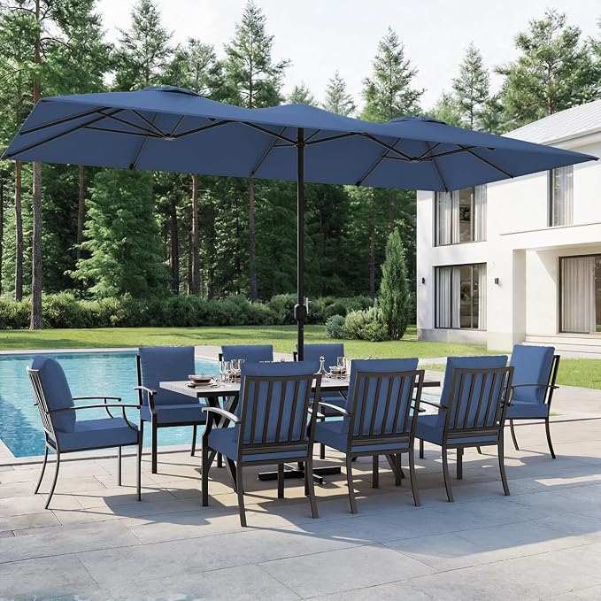 10 PCS Outdoor Patio Dining Set with 13.6ft Double-Sided Patio Umbrella,Patio Table and Chairs Metal Outdoor Patio Furniture Set,Dining Table Set with 8 Chairs,Navy Blue