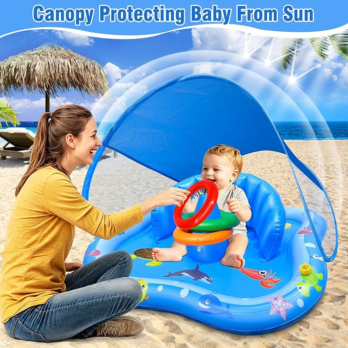 iGeeKid Baby Play Mat with Sprinkler, Inflatable Baby Pool Float with Canopy Backrest & Stackable Rings Water Sprinkler for Kids, Outdoor Water Play Toys for Toddlers Backyard Swimming Water Games