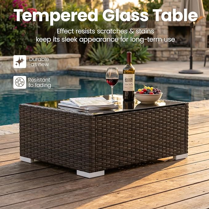 8 Pieces Patio Furniture Set with 44" Propane Gas Fire Pit Table, Outdoor Sectional Wicker Conversation Sofa Sets with Coffee Table