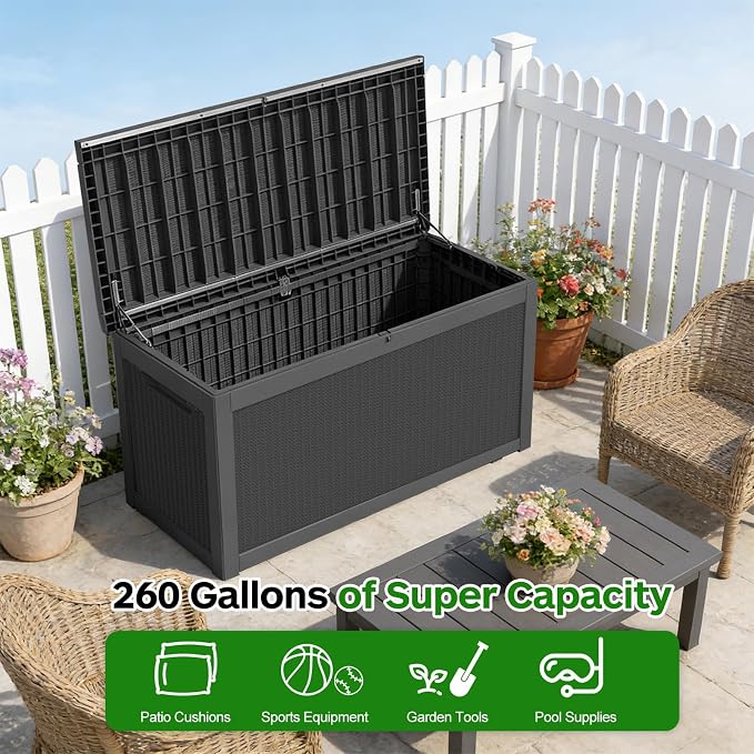 FEFLO 260 Gallon Waterproof Resin Deck Box, Heavy-Duty Outdoor Storage Box | Lockable Lid & UV-Resistant Patio Storage Chest for Garden Tools, Pool Accessories, Package Delivery, Toys, Furniture