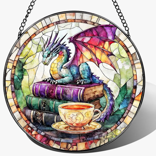 Dragon Stained Glass Window Hanging, 8 Inch Sun Catchers Indoor Window, Suncatchers for Windows Hanging, Home Decor and Christmas, Festival, Birthday, Gifts for Readers, Book Lovers, Women, Men
