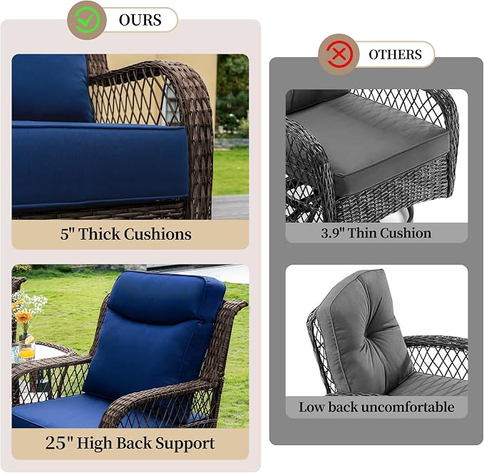 PIZZELLO Outdoor Swivel Chairs 6 Piece Wicker Rocking Chairs Set Patio Furniture Set with Rattan Side Table Rocker Bistro Sets for Outside Porch Backyard (5" Thick Cushions and 25" Full Support Back)