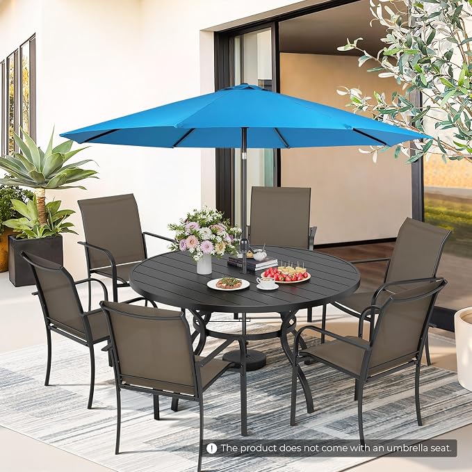 Incbruce 8 PCS Patio Dining Set with Sky Blue Umbrella, Outdoor Dining Set of 6 Textilene Chairs and 53" Round Table with Umbrella Hole for Backyard, Garden, and Poolside (Brown)