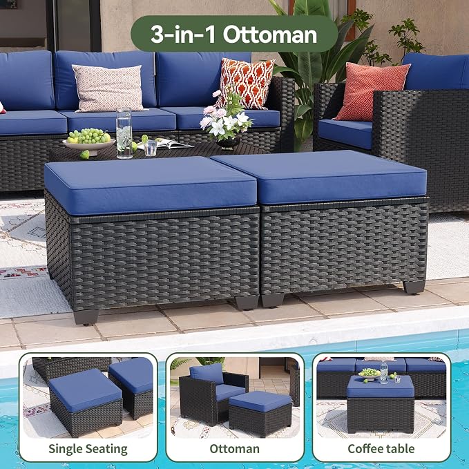 Aoxun 7 Piece Outdoor Patio Furniture Set 6 Seats, Outdoor Sectional with Thick Waterproof Cushions, Patio Conversation Sets for Garden,Backyard, Porch, Balcony, Deck, Black & Blue