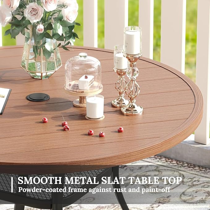 VICLLAX Patio Dining Set for 4, All Weather Metal 5 Pieces Patio Set-40.6" Round Outdoor Table and Stackable Chairs for Lawn Garden and Backyard, Walnut Wood Grain Tabletop