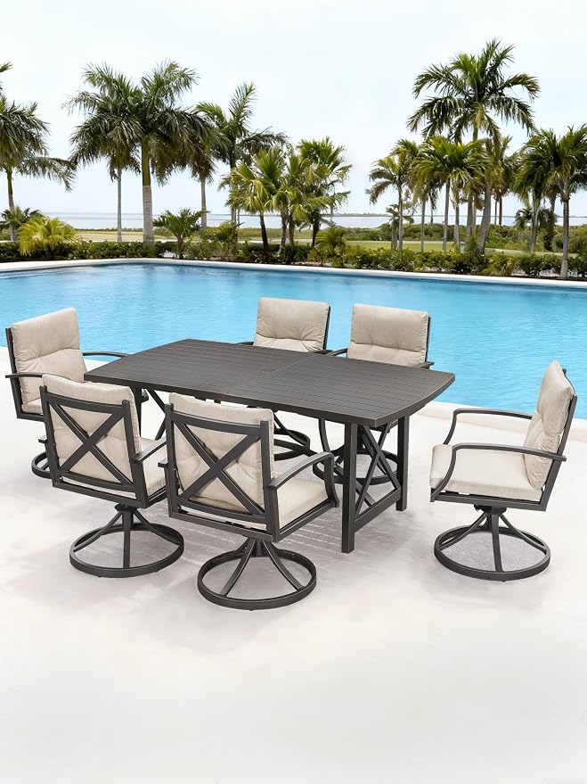 7 Pieces Outdoor Dining Set, Never-Rust Aluminum Patio Dining Set for 6, Outdoor Furniture Set, Patio Table and 6 Swivel Rocker Chairs for Deck, Garden, Backyard, Poolsides, Gunmetal