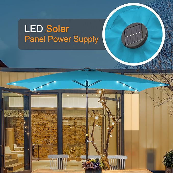 Rectangle Patio Umbrella with Solar Lights, 10 x 6.5ft Rectangular Outdoor Umbrella Table Market Patio Umbrella with Push Button Tilt and Crank for Garden, Deck, Backyard, Pool