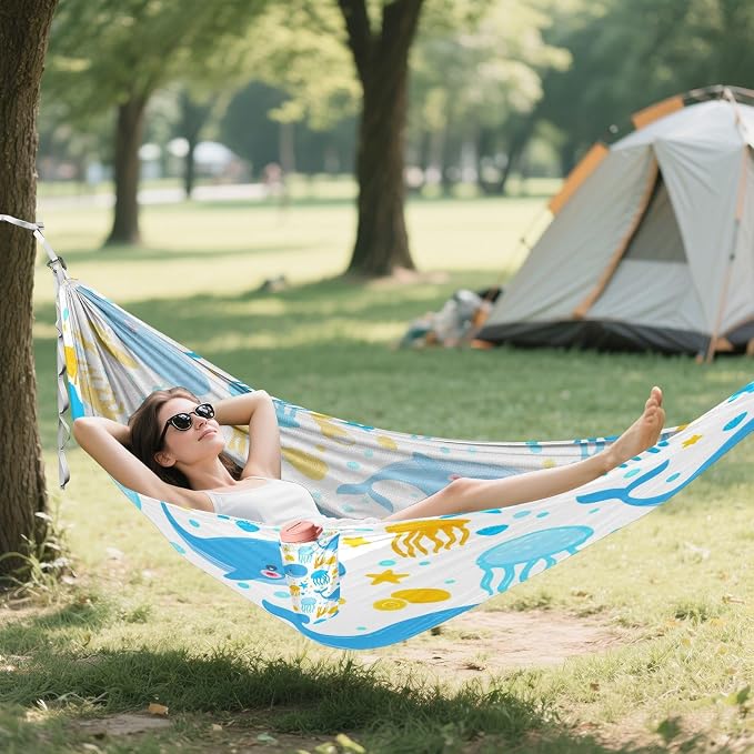 Cartoon Whales Camping Hammock, Portable Lightweight Single Hammock with Tree Straps and Aluminum Carabiners, 114" x 54" Travel Hammock for Hiking Backpacking Beach