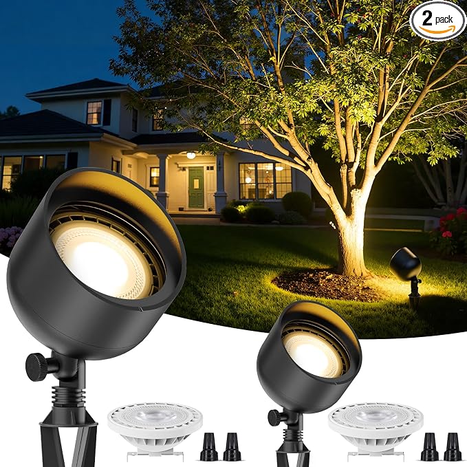 Low Voltage Landscape LED Flood Light, 12V Wide-Angle Outdoor Uplight for Bushes, Tree Canopy, Flagpole and Exterior Wall Washing with 10W 2700K PAR36 Bulb (2 Pack)