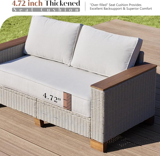 LUXOAK Patio Furniture Set, 6 Piece Wicker Patio Conversation Set with Wide Solid Wood Armrest, All Weather Outdoor Sectional Furniture with Wood Legs for Backyards, Porch, Poolside, Garden, Balcony