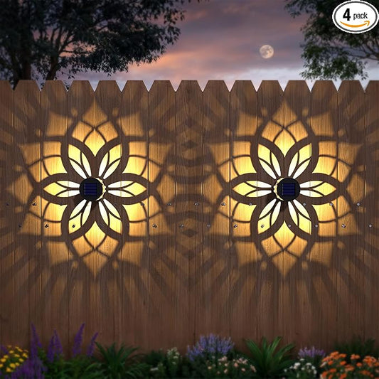 4 Pack Solar Fence Lights Metal Solar Powered Outdoor Wall Deck Step Lights Mandala Theme Waterproof Fence Light for Garden Post Patio Backyard Yard Decor, Gardening Gifts for Women Mom Grandma