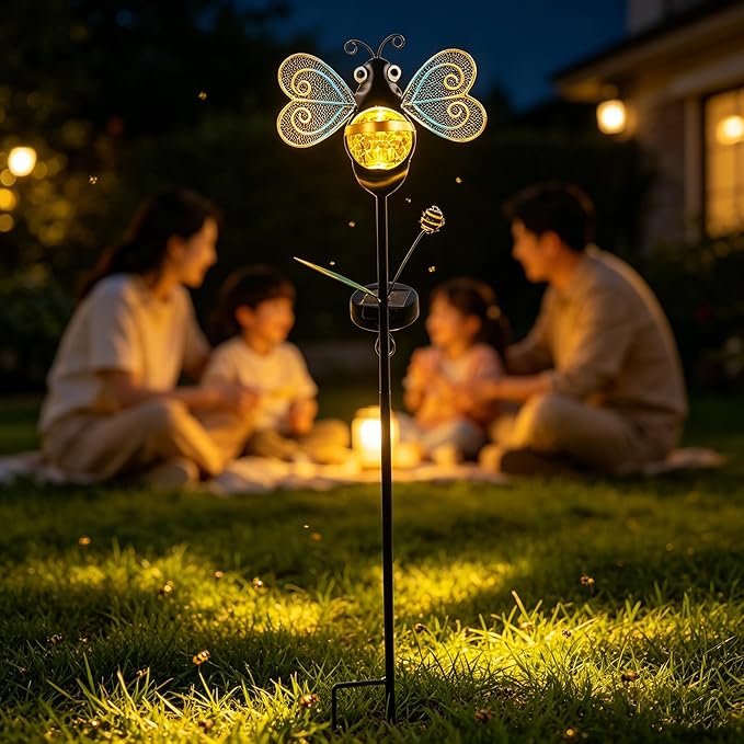 Solar Bee Garden Stakes Lights Outdoor Waterproof 2 Pack Metal Garden Stakes Decorative Bee Decor for Outside Yard Lawn Patio Decorations Whimsical Solar Lights Outdoor Gardening Gifts for Women