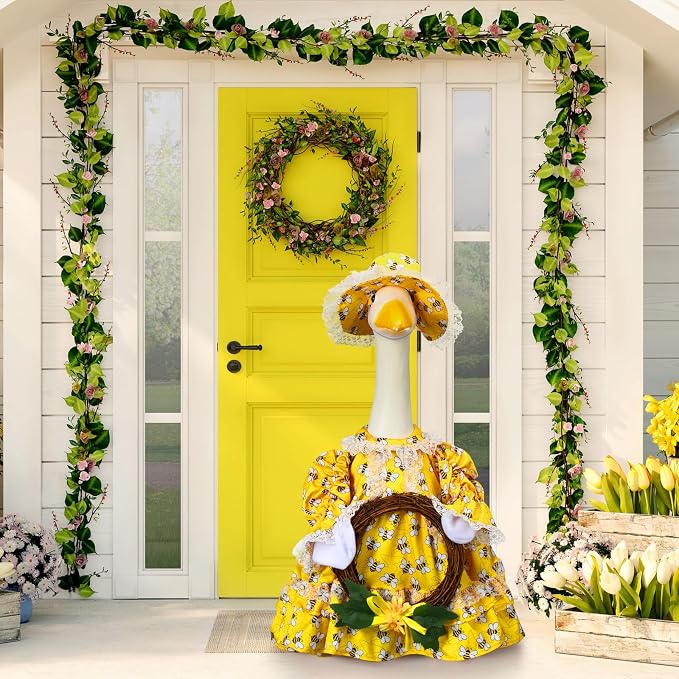 Soulchen 1 Set Summer Bee Porch Goose Outfit with Wreath 23 Inch Cement Goose Clothes Dress and Hat Costume Set for Spring Summer Holiday Lawn Garden Yard Decor