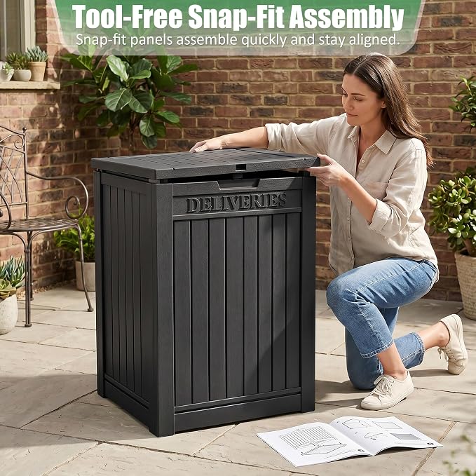 EasyUp Package Delivery Boxes for Outside, 55 Gallon Outdoor Parcel MailBox Drop Storage Deck Box Secure Resin Waterproof Lockable UV Resistant Patio Porch Mail Black