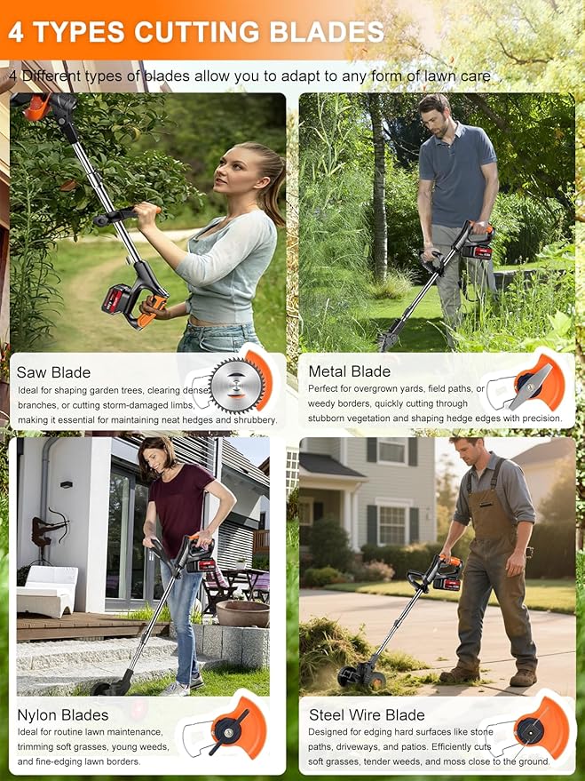 Cordless Weed Wacker with Wheels, 880W Battery Powered Weed Eater with 2 x 21V Batteries, 3-in-1 Electric Grass Trimmer & Brush Cutter with 5 Types Blades, Lightweight Weed Trimmer for Lawn & Garden