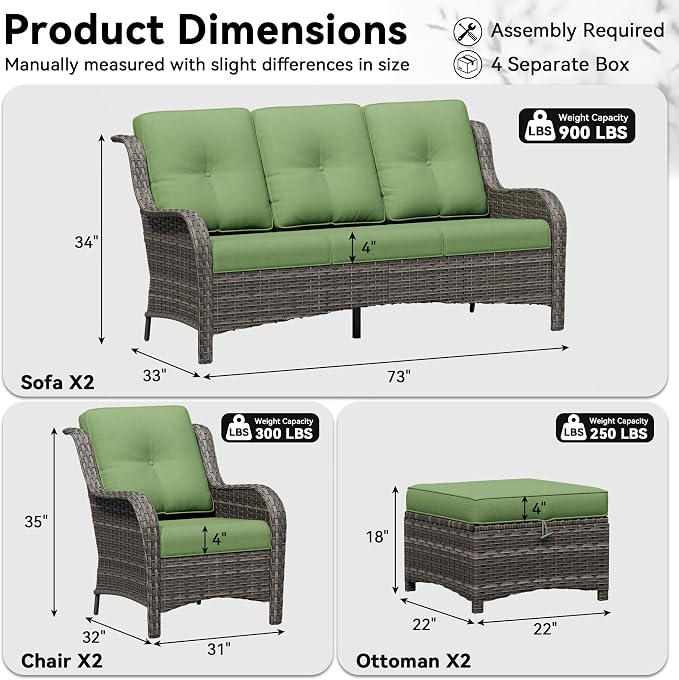 6 Piece Outdoor Wicker Patio Furniture Set, Patio Chairs Set with Thickened Olefin Cushions, High Back and Deep Seating, Hand-Woven PE Rattan, Ottoman for Porch, Deck