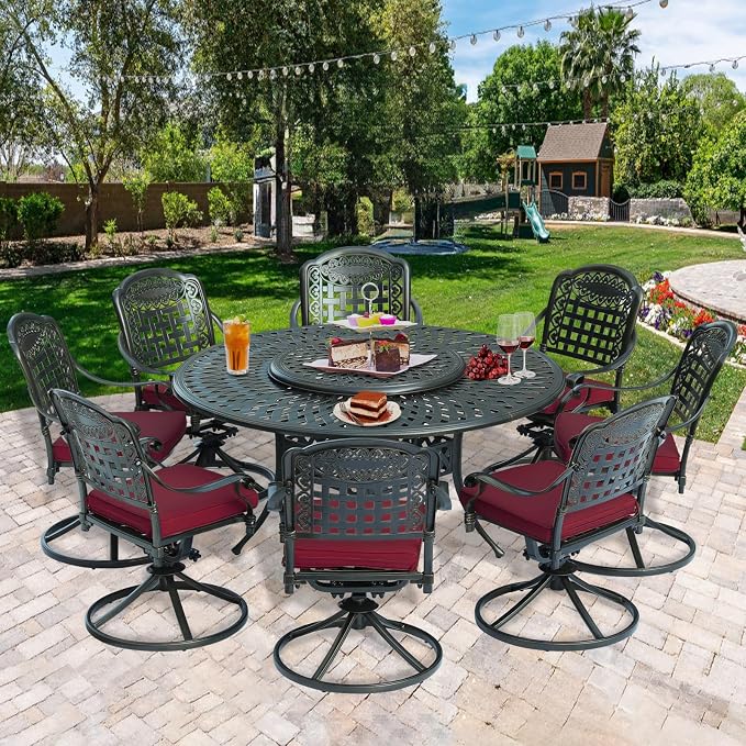 9-Piece Patio Cast Aluminum Dining Set, Outdoor Dining Furniture Set for 8 Person, Includes 8 Swivel Dining Chairs and 61" Large Round Dining Table with 31" Lazy Susan, Umbrella Hole, Red