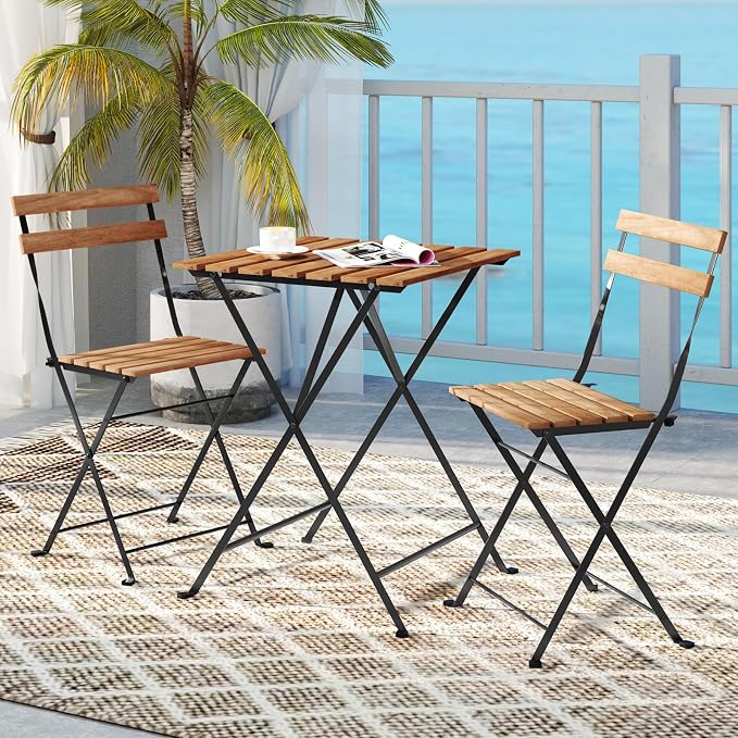 Giantex 3-Piece Acacia Wood Bistro Set, Patio Bistro Table with 2 Folding Chairs, Slatted Seat & Tabletop, Metal Frame, Outdoor Furniture Set for Backyard, Porch, Garden, Poolside (Black + Brown)