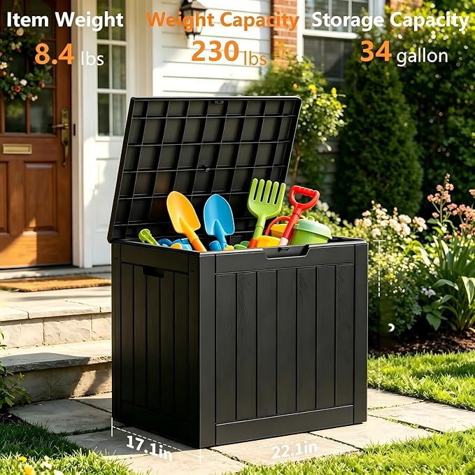 34 Gallon Outdoor Storage Box, Resin Deck Box Waterproof, Raised Bottom Outdoor Storage Bin with Lockable Lid for Patio Cushions & Garden Tools - Black