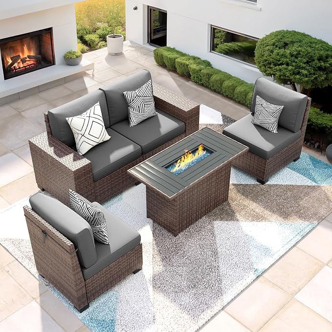 Patio Furniture Set with Fire Pit Table 5 Piece, Outdoor Conversation Sets Brown Wicker Rattan Sectional Sofa for Deck Garden Backyard, 4'' Thickened Cushion Dark Grey