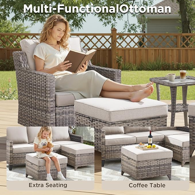 Patio Furniture Set with 42.5" Fire Pit Table-6 Pieces All Weather Wicker Outdoor Furniture with High Back Swivel Patio Chairs Set of 2 Outdoor Couch for Deck Backyard Beige/Gray