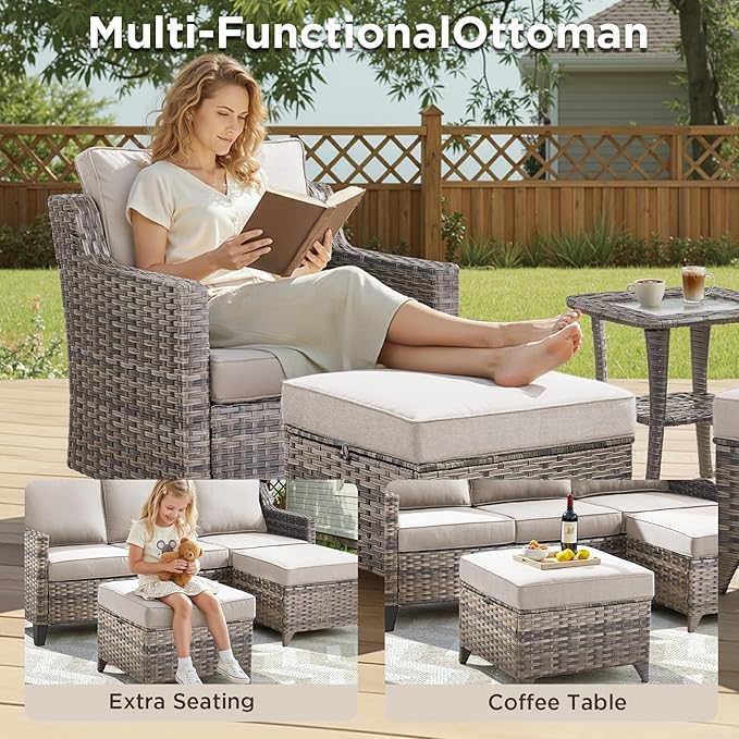 Outdoor Patio Furniture Set-5 Pieces All-Weather Wicker Outdoor Furniture with Swivel Patio Chairs Outdoor Patio Conversation Sets for Garden Porch Deck Grey/Beige