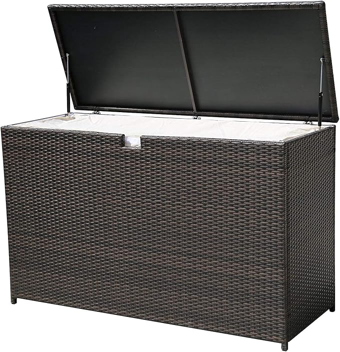 Patiorama Outdoor Wicker Storage Box Patio Aluminum Frame Espresso Brown Wicker Cushion Storage Bin Deck Box, 120 Gallon