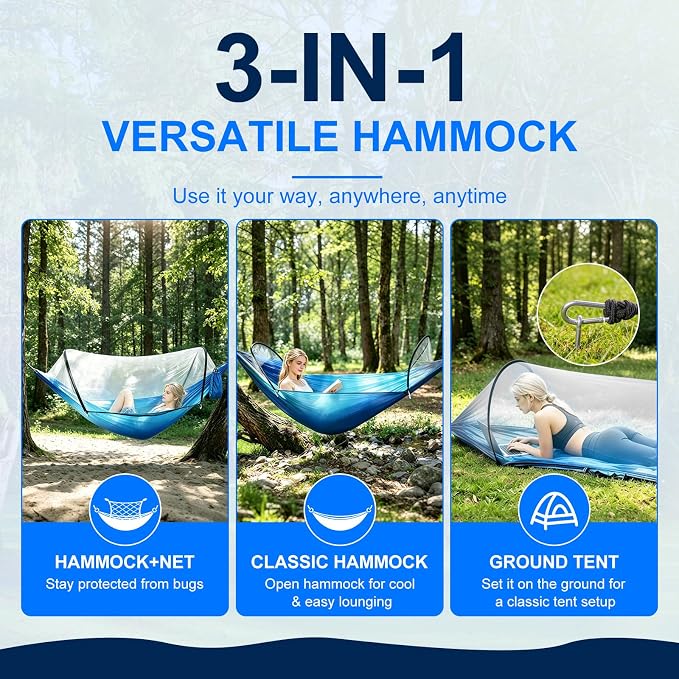 Camping Hammock with Mosquito Net, 3 in 1 Portable Hammock Tent 440lbs Capacity Attached Storage Pocket Single Nylon Hammock Set for Outdoor Travel Camping Hiking Backpacking (RoBlue SkyBlue)